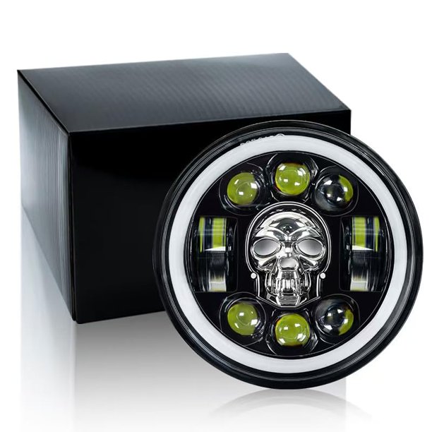 Zoomto Farol LED para Motocicleta de 5,75 pulgadas, Patrón Calavera y Ojo de Ángel Multicolor, con Haz Alto/Bajo, Intermitente y Luz Diurna (DRL)