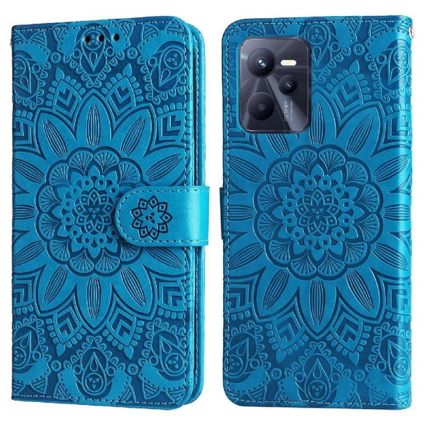 Funda tipo cartera FOXDOCK para Realme C35 4G , diseño girasol en relieve, cuero PU, cierre magnético, soporte y tarjetero