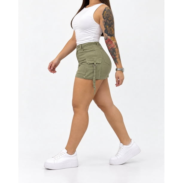 Mini Falda Short Cargo Verde Tiro Medio