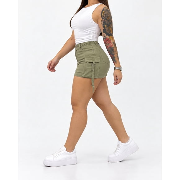 Mini Falda Short Cargo Verde Tiro Medio