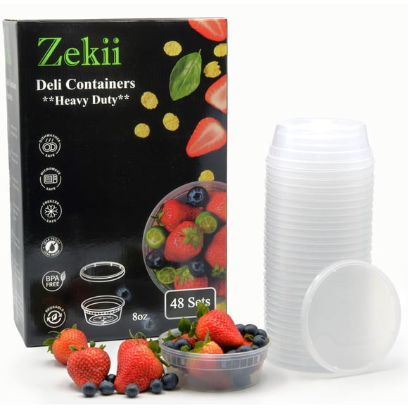 Deli Containers Zekii, extra grueso, 240 ml, 48 juegos con tapas, sin BPA