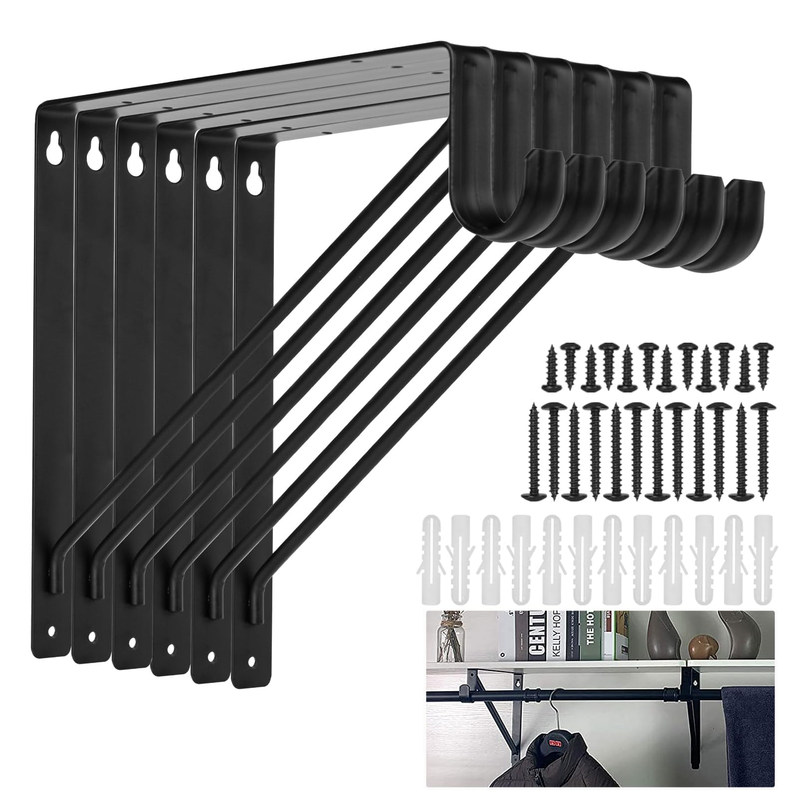 Soporte Para Barra De Armario Ayaygd, Resistente, 11 X 11 Pulgadas, Acero Negro, 6 Unidades