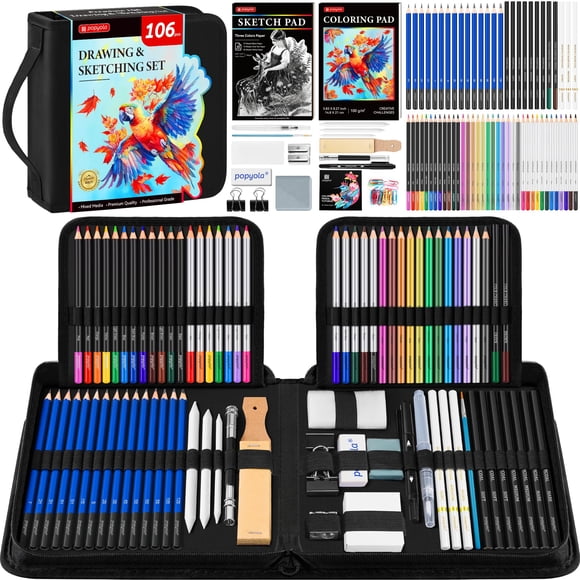 Set de dibujo POPYOLA, paquete de 106, con cuaderno de bocetos y libro para colorear