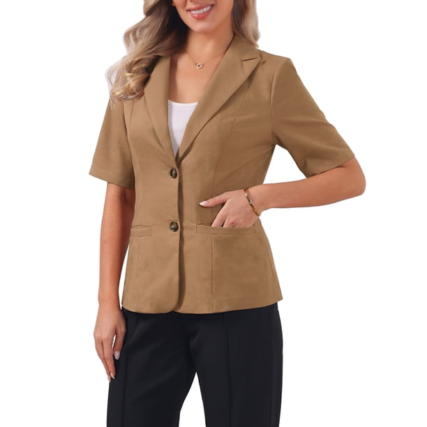 INSPIRE CHIC Blazer de algodón y lino de manga corta para mujer para oficina y uso casual L Marrón oscuro