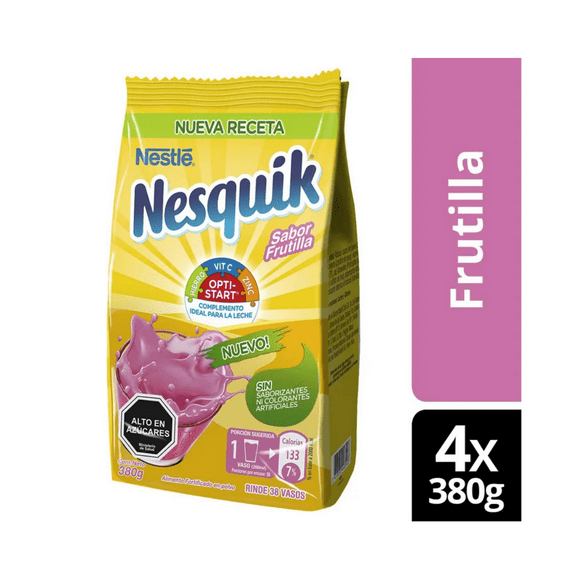 Pack x4 saborizante para leche Nesquik® optistar® frutilla bolsa 380g