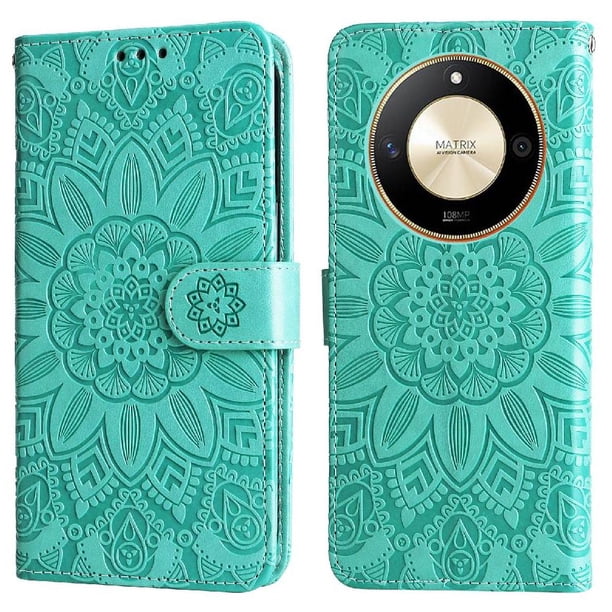 Funda tipo cartera FOXDOCK para Honor Magic 6 Lite , diseño girasol en relieve, cuero PU, cierre magnético, soporte y tarjetero