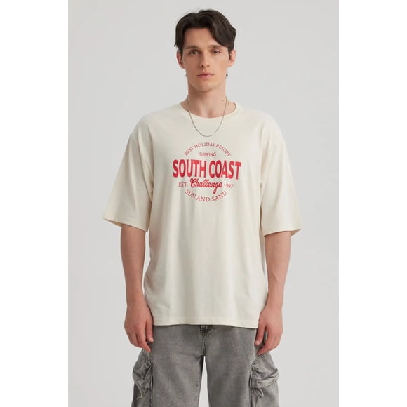 Polera Hombre Texto Frontal Beige