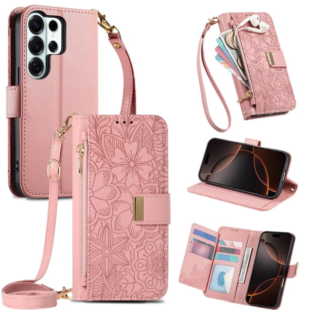 Funda tipo cartera de piel sintética FOXDOCK para Samsung Galaxy S26 Ultra – Resistente a golpes y a las interferencias RFID – Correa de mano larga rosa