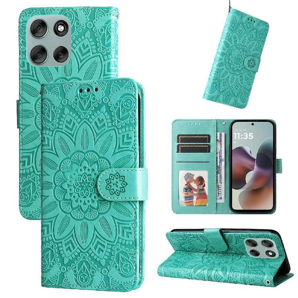 Funda tipo cartera FOXDOCK para Motorola Moto G56 , diseño girasol en relieve, cuero PU, cierre magnético, soporte y tarjetero