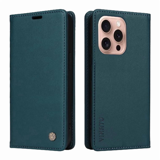 Funda Billetera de Cuero para iPhone 16 Pro con Tarjetero y Soporte - Tapa Magnética Azul