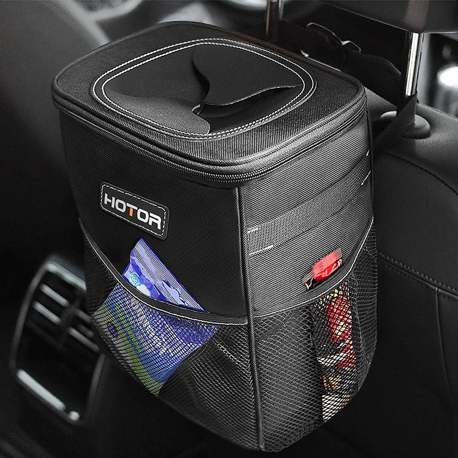 Cubo De Basura Para Coche Hotor De 7,6 Litros Con Tapa Y Bolsillos De Almacenamiento, Color Negro