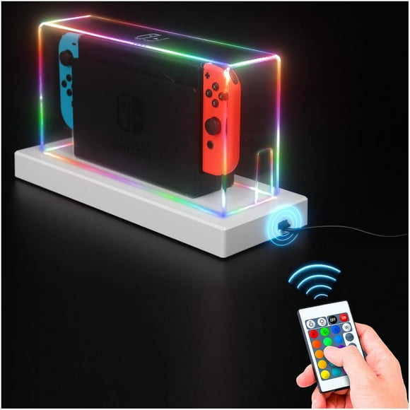 Funda acrílica antipolvo para Nintendo Switch/Switch OLED - Impermeable, antiarañazos, funda transparente con base luminosa, 16 colores de LED, compatible con los accesorios de Switch-Transparente