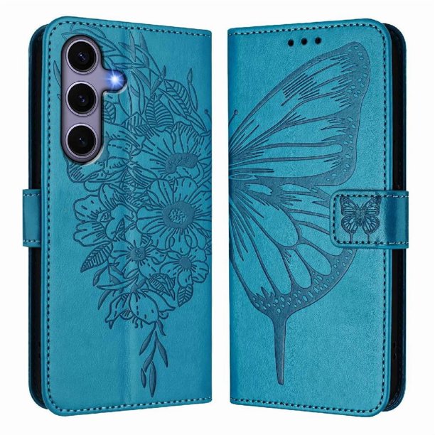 Funda Cartera Mariposa Para Samsung Galaxy S24 Con Soporte Y Ranuras Para Tarjetas Azul