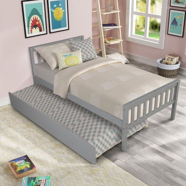 Cama doble con trundle, marco de cama de plataforma con cabecera y pie, para dormitorio pequeño espacio de vida, no se necesita muelle de caja