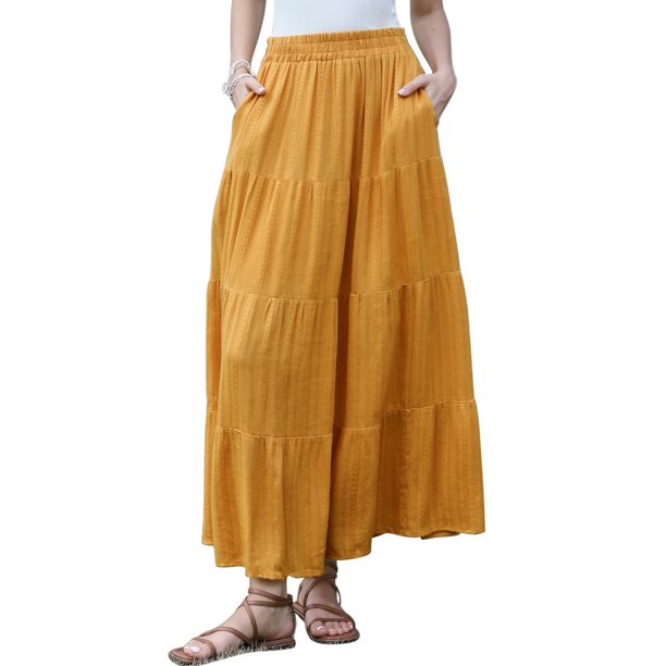 INSPIRE CHIC Faldas Maxi Boho para Mujeres con Vuelo, Volantes, Casual de Verano, con Cintura Elástica y Largas XS Amarillo