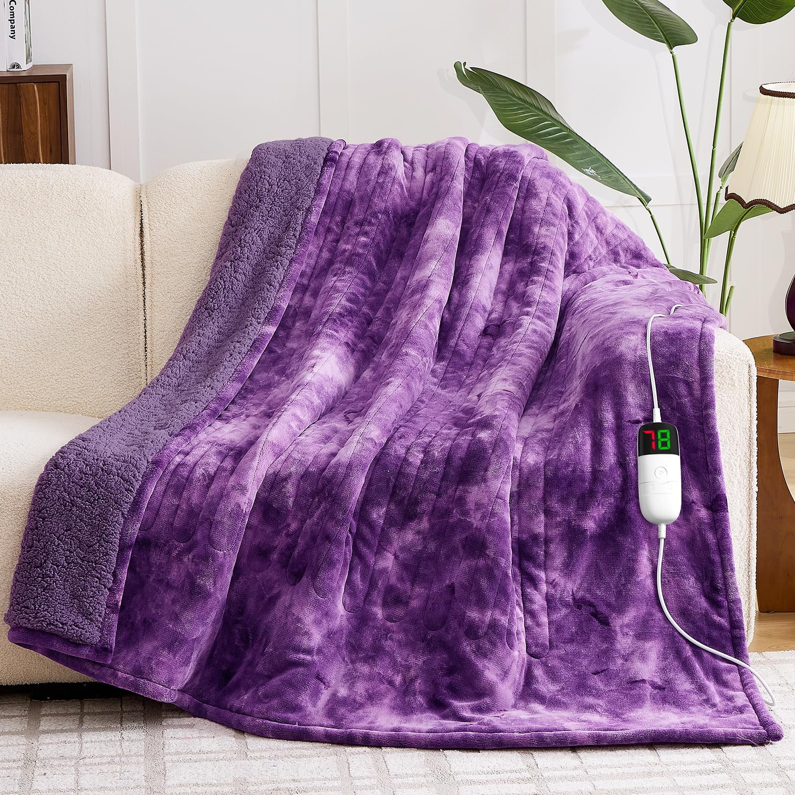Greenoak - Manta Eléctrica Con Calefacción, Piel Sintética De Roble, Color Verde, Sherpa, Color Morado