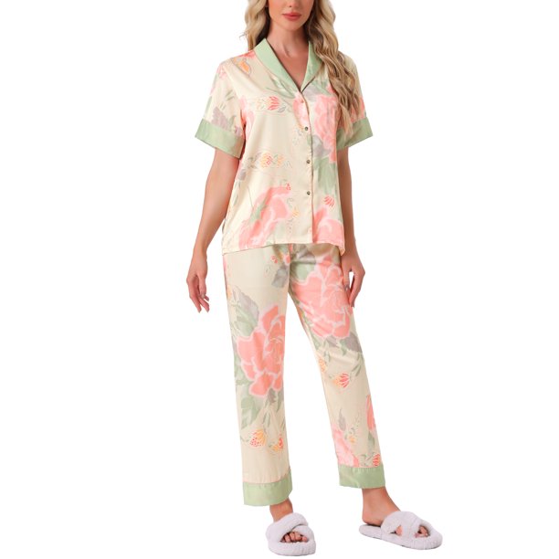 INSPIRE CHIC Conjunto de Pijama de Satén para Mujer Seda Floral Manga Corta Top y Pantalones 2 Piezas Pijamas M Rosa