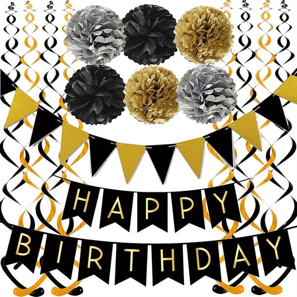 Set, Black Golden Birthday Party Decorations Birthday Banner Spiral Hanging Decorations Birthday Party Paper Flower Ball Theme Arrangement Supplies Party Holiday Decorations Kit