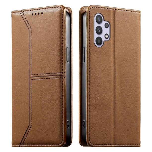 Funda tipo cartera con bloqueo RFID para Samsung Galaxy A32 5G cubierta magnética de cuero con tapa y soporte Marrón