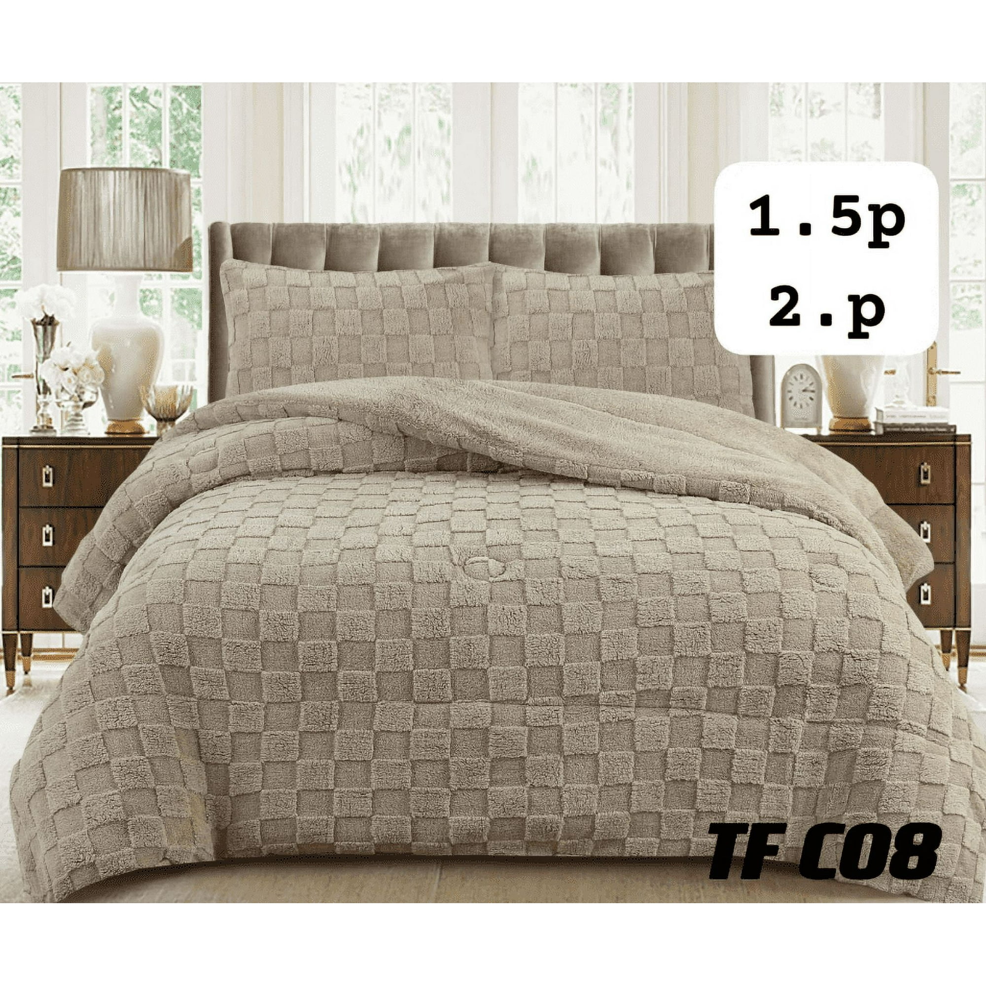 Todostore - Plumon De Invierno Texturizado Diseño Cuadros Con Chiporro 2 Plazas Color Beige