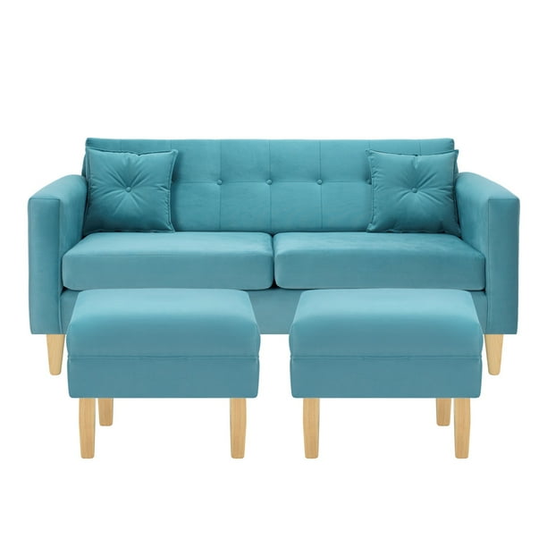 Sofa New Retro 3c + 2 Pouf Felpa 05 Turquesa
