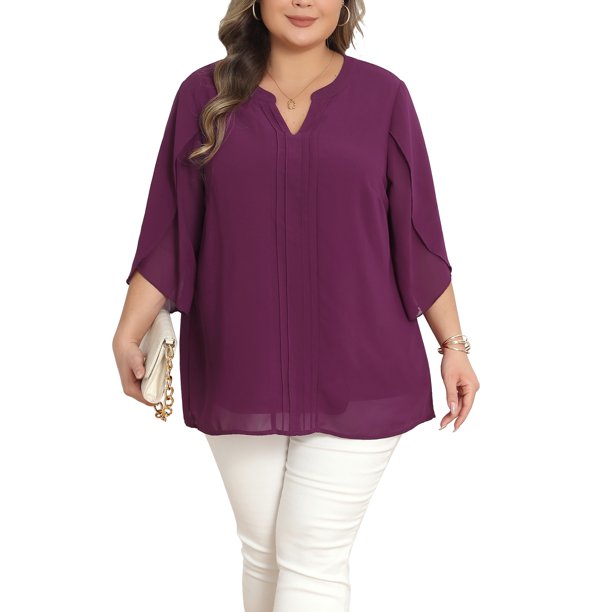 Agnes Orinda Blusas de Chifón de Talla Grande para Mujer, Cuello en V con Muesca, Manga Tulipán 3/4, Frente Plisado, Estilo Casual Elegante de Verano, Talla 3X, Color Púrpura