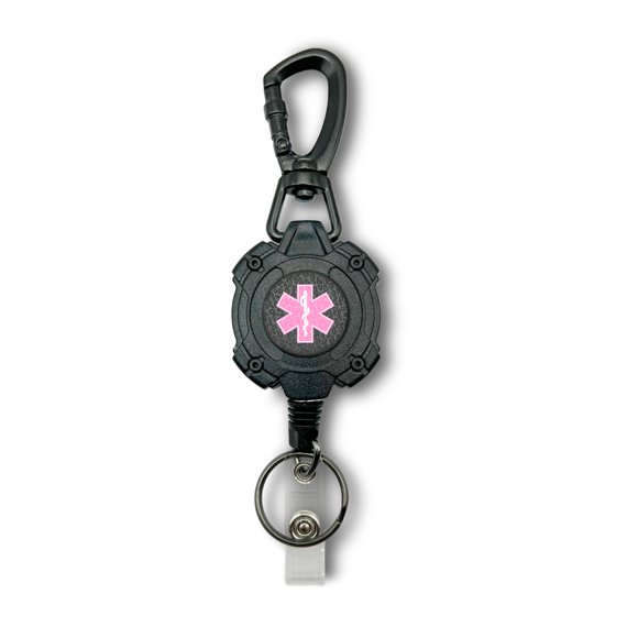 Porta credencial KISKIB de cable de acero 83 cm con Estrella de la Vida rosa