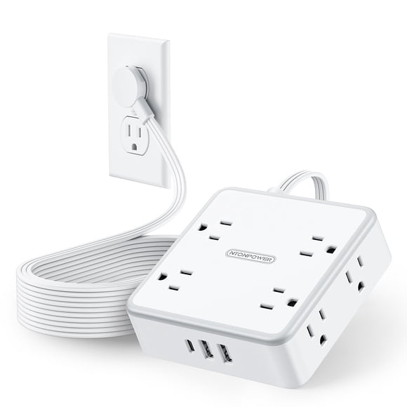 Power Strip NTONPOWER de 15 pies con 8 enchufes y 3 puertos USB, color blanco