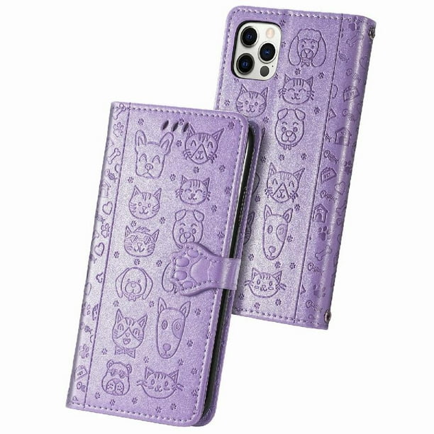 Funda Cartera FOXDOCK para iPhone 12 ProMax , Flip PU con Relieve de Gatos y Perros, Tarjetero y Soporte