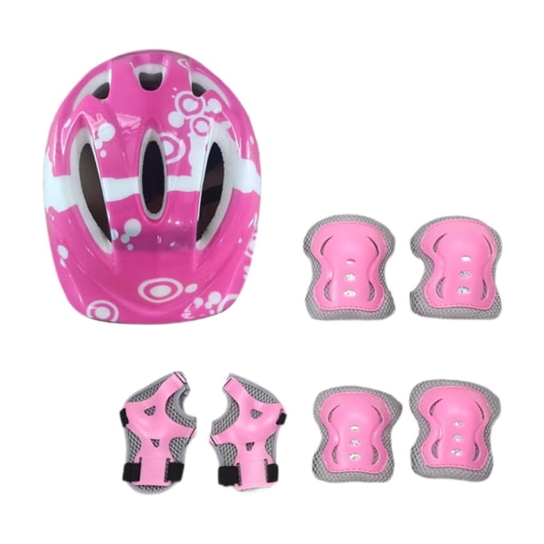 Kit de 7 cascos de bicicleta para niños, rodilleras, coderas y muñequeras, accesorios para sombrero, casco de patinaje para niños, monopatín para exte Rosa