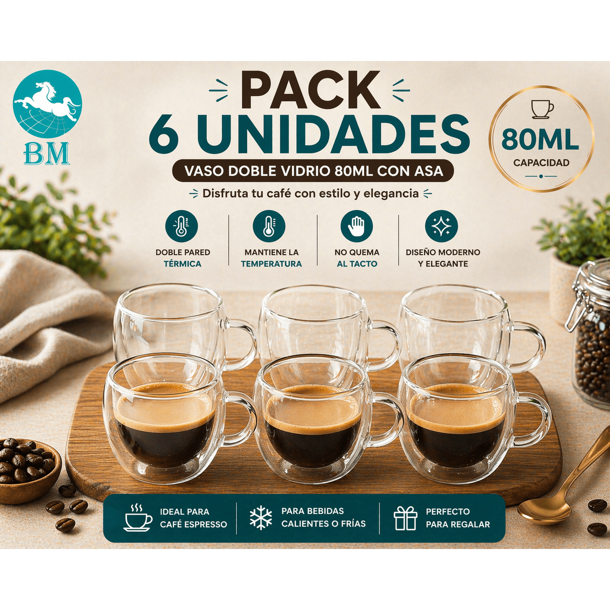 Baima - Pack 6 Tazas Doble Vidrio 80ml Con Asa Térmicas Café Espresso Borosilicato