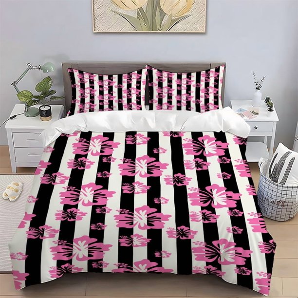 3pcs Pink Floral Black and White Striped Patterned Bedding Set: Soft & Light Beige-Friendly Polyester Digital Print