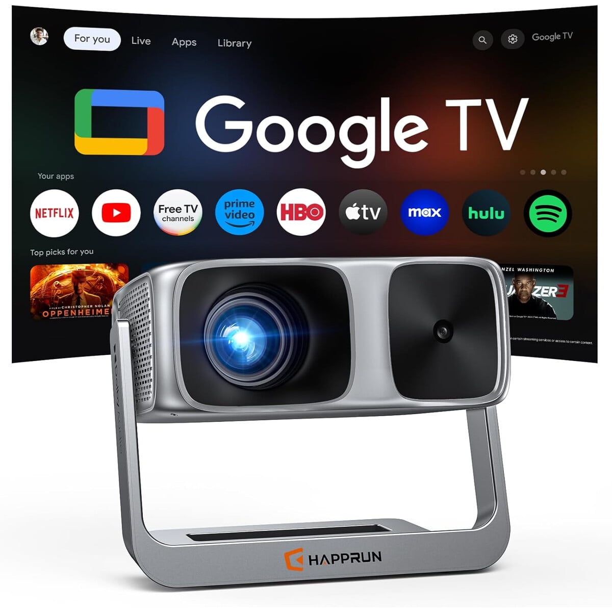 Proyector Happrun K7 4k Google Tv 2000 Ansi Wifi Exterior