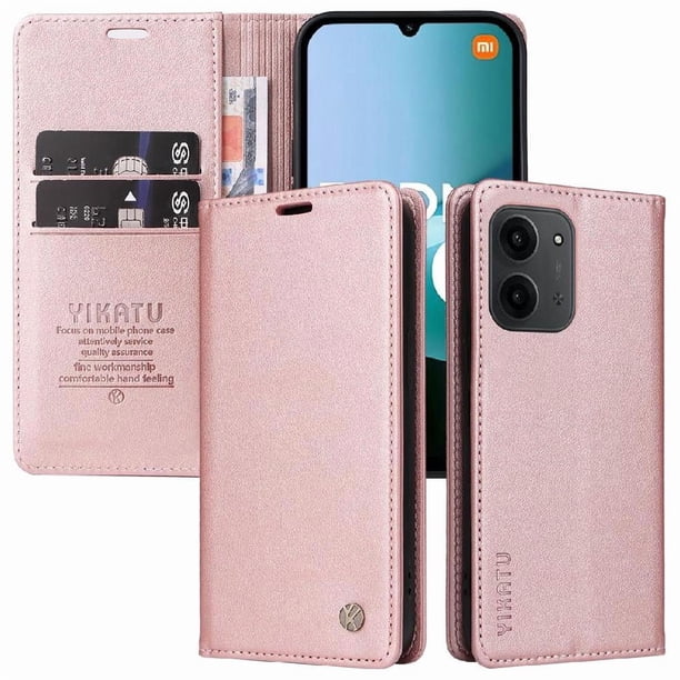 Funda Billetera de Cuero para Xiaomi Redmi 15C con Tarjetero y Soporte - Tapa Magnética Rosa