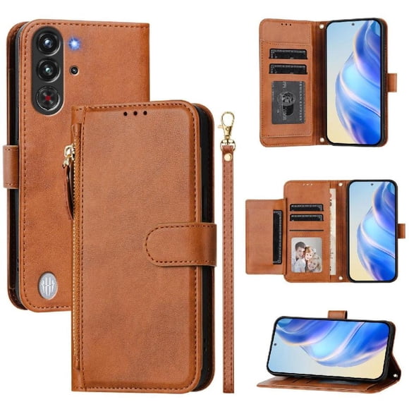 Funda Tipo Billetera para ZTE nubia Rojo Magic 10 Pro con Cremallera Portatarjetas Soporte Correa de Muñeca Cuero marrón
