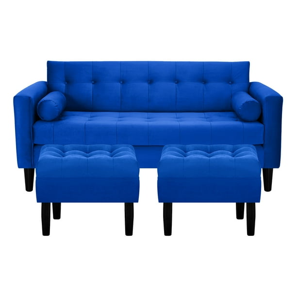Sofa Retro 3c + 2 Pouf Felpa 00 Azul Rey