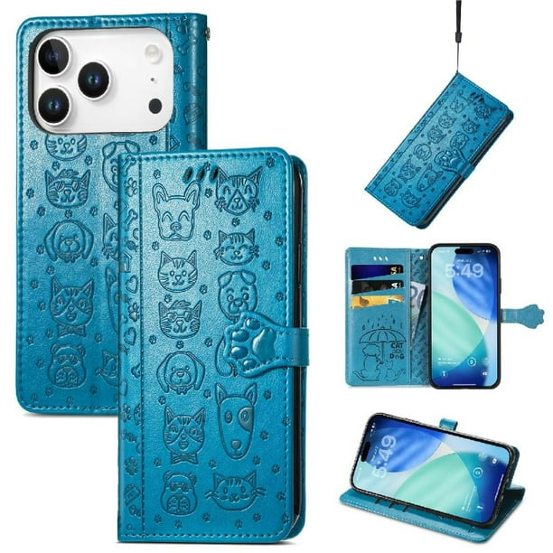 Funda Cartera FOXDOCK para iPhone 17 Pro Max , Flip PU con Relieve de Gatos y Perros, Tarjetero y Soporte