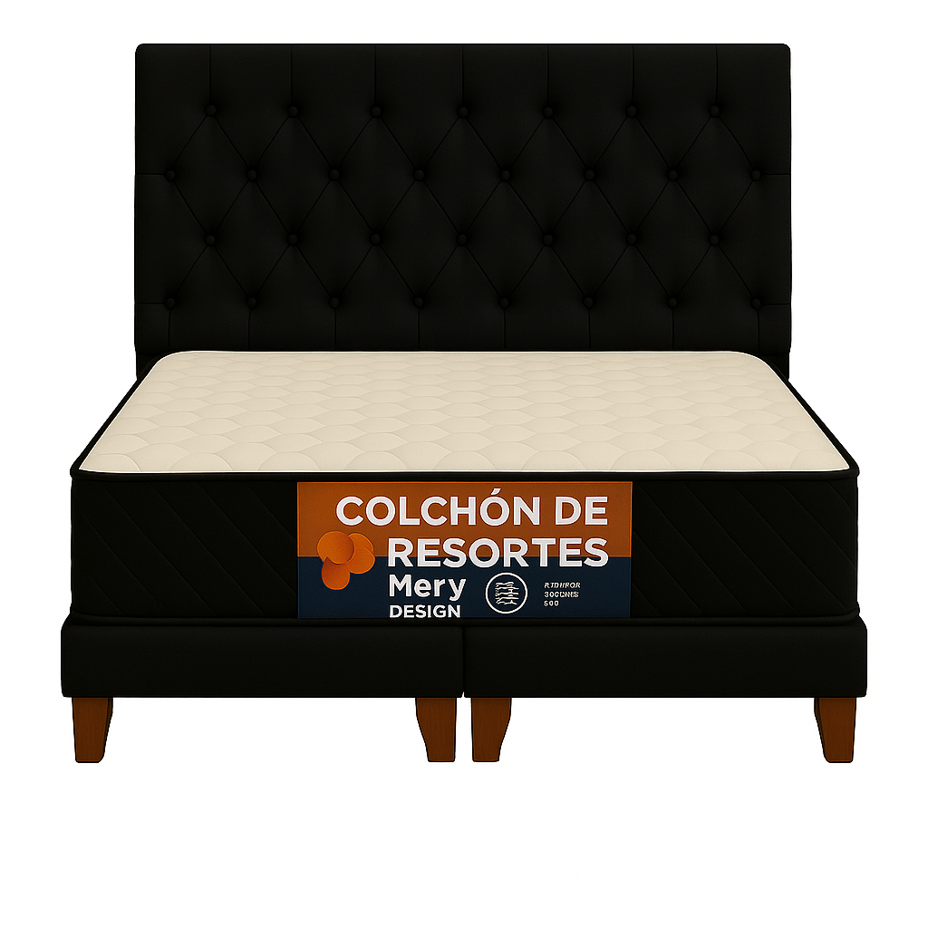 Ethan Desing - Cama 2 Plaza Capitoné + Respaldo 2P Capitone Negro + Colchón 2P Mery Desing