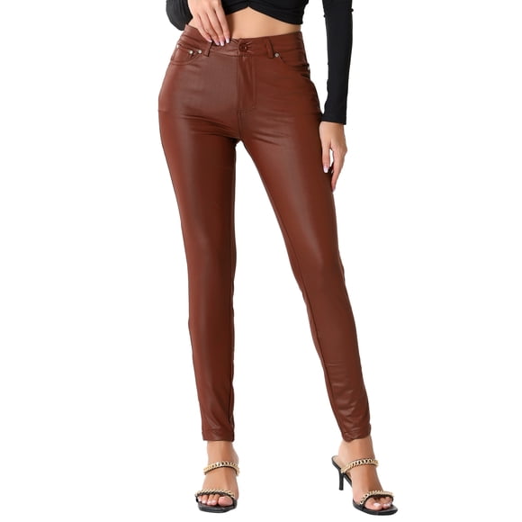 CURVY GLAM Pantalones de Cuero Sintético para Mujer de Cintura Alta Ajustados y Elásticos Estilo Motociclista Talla XL Marrón