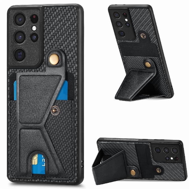Funda Resistente para Samsung Galaxy S21 Ultra con Tarjetero y Soporte, Diseño Magnético Negro