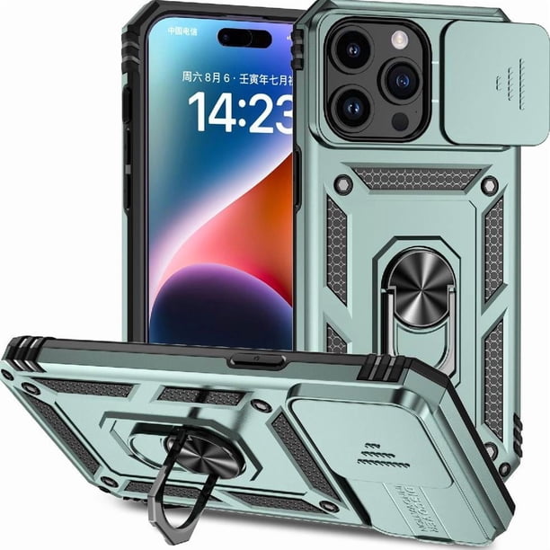 Funda Resistente Anillo Soporte iPhone 15 Pro Privacidad Cámara Montaje Magnético Verde