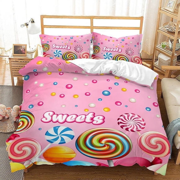 Cartoon Lollipop Sweets Print Pink Quilt Duvet Cover Set Bedding 3-Piece Bedding Set