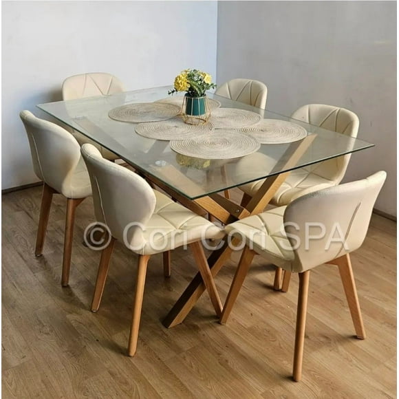 Comedor Medlock 140x90cms + 6 Sillas Mariposa Ecocuero Wood beige