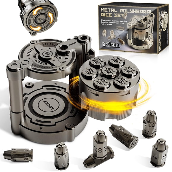 Set de Dados ZNQP Metálico de 7 piezas con Almacenamiento tipo Revólver – Plata