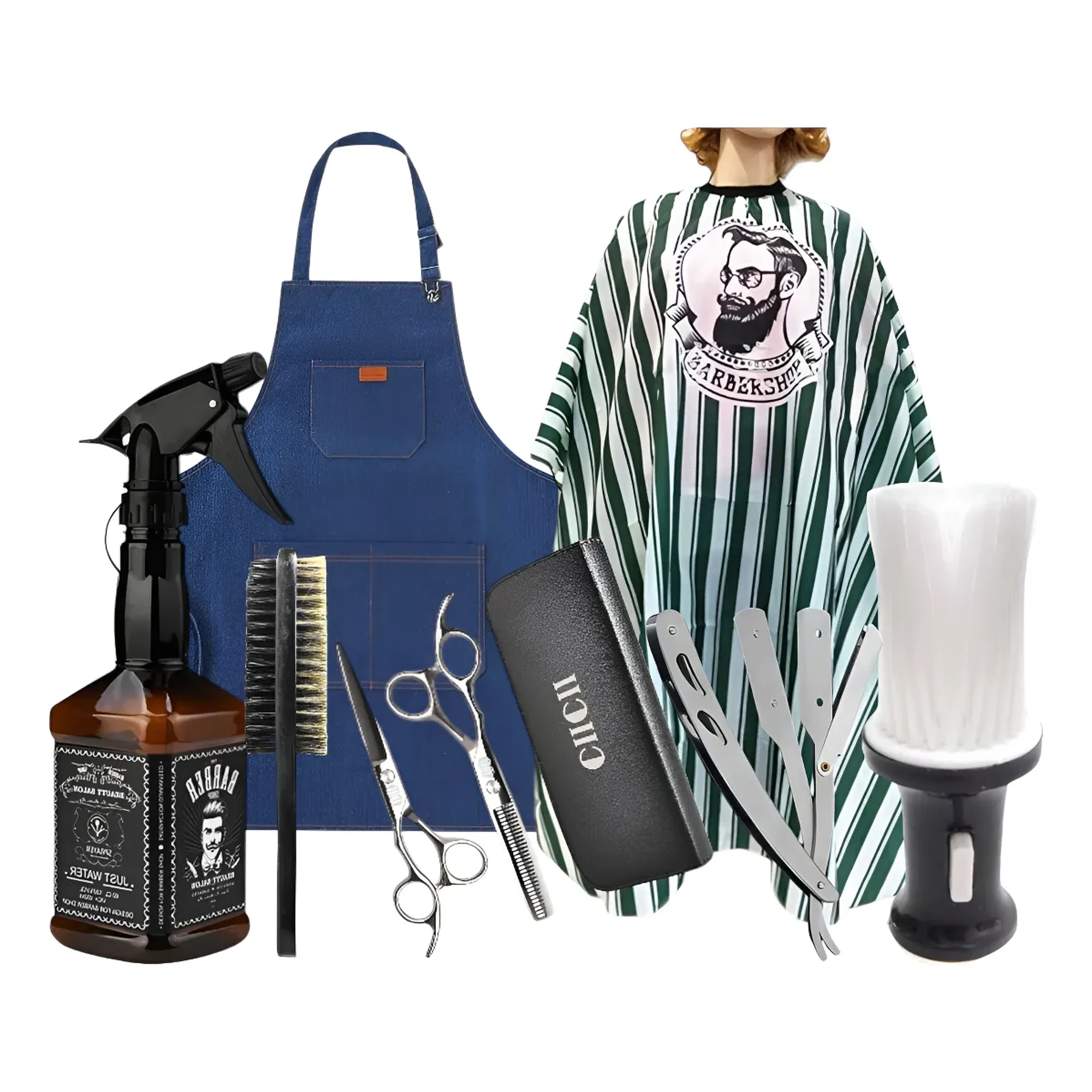 Linastore - Set Barberia Tijeras + Capa + Pechera + Peinetas + Navaja Verde