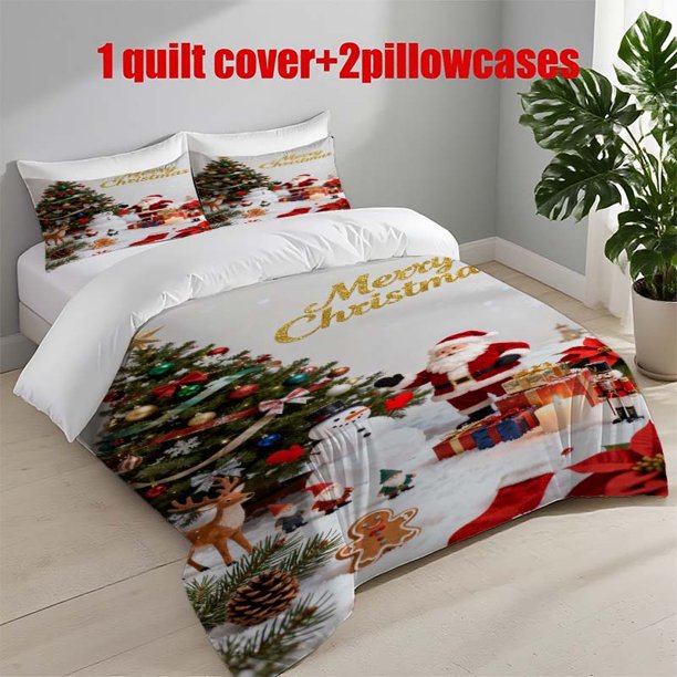 3pcs Christmas Tree and Santa Claus Printed Bedding Set Duvet Cover and Pillowcases