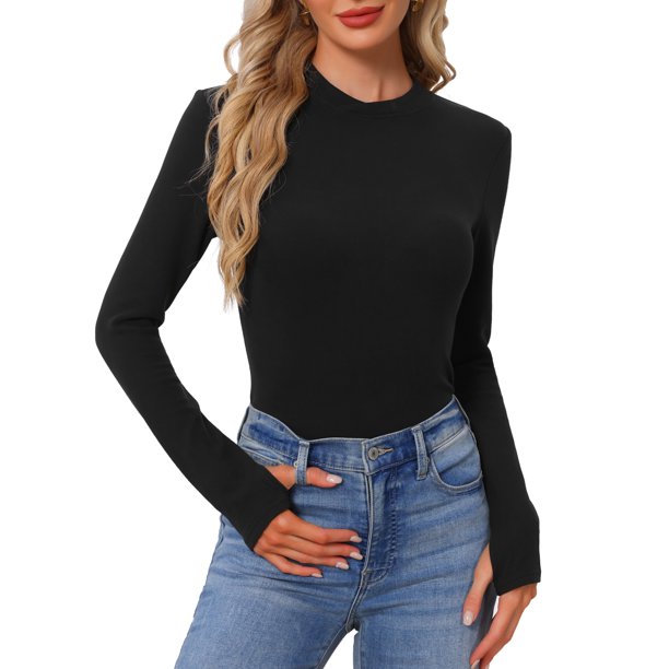 INSPIRE CHIC Ropa Interior Térmica para Mujeres con Agujeros para Pulgares Capa Básica de Forro Polar Manga Larga Long Johns Cuello Simulado Cruzado para Invierno Frío M Negro