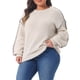 thumbnail image 4 of Agnes Orinda Suéter de Talla Grande para Mujer con Costura de Contraste, Manga Larga, Cuello Redondo, Vintage Chic, Otoño Invierno, Tops de Punto, 1X Blanco, 4 of 6
