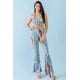 thumbnail image 1 of Conjunto de Top Corto con Cuello en V, Espalda Abierta Fruncida y Pantalones de Cintura Alta con Estampado Abstracto Multicolor, Azul, Rosa, Multicolor, M, 1 of 5