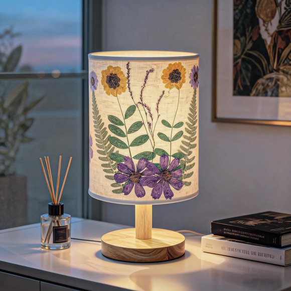 LÁMPARA Xmpmrb Floral Prensada para Mesita de Noche, Hecha a Mano, Color Púrpura